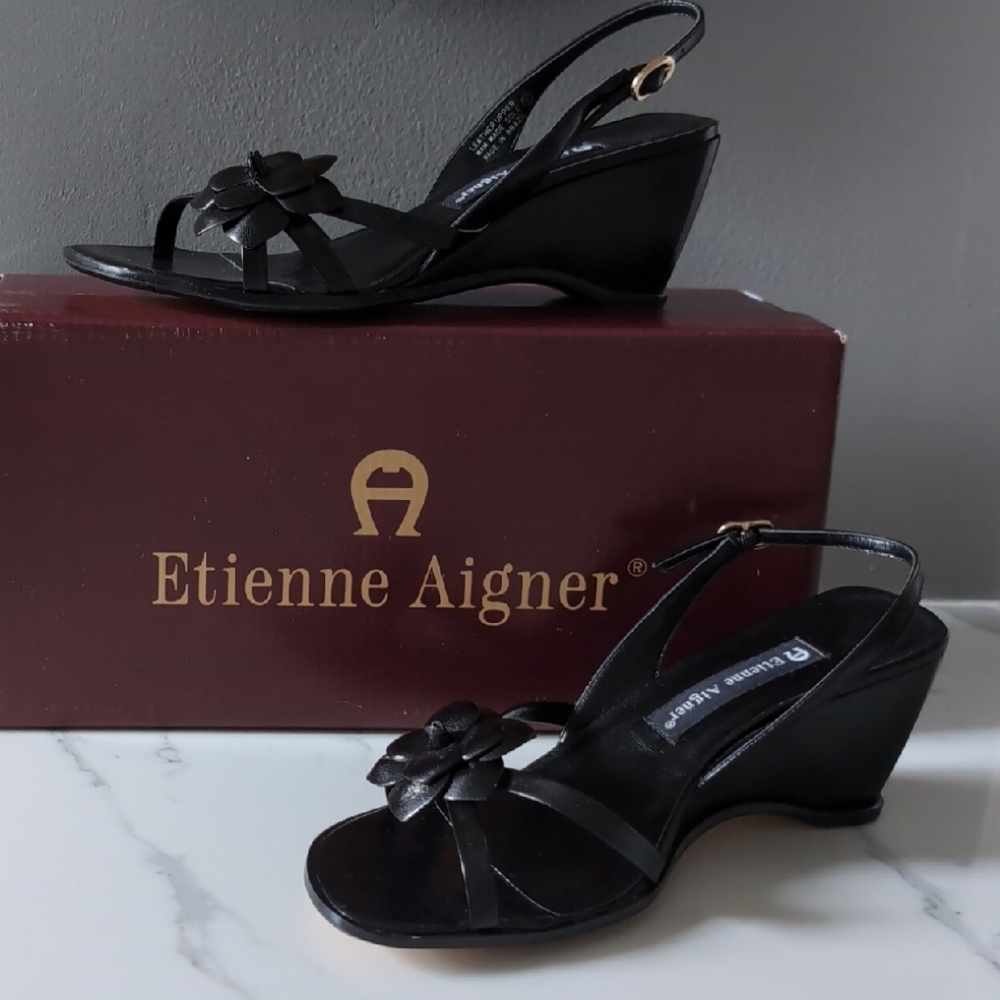 Etienne Aigner Black Wedge Heels with Floral Accent